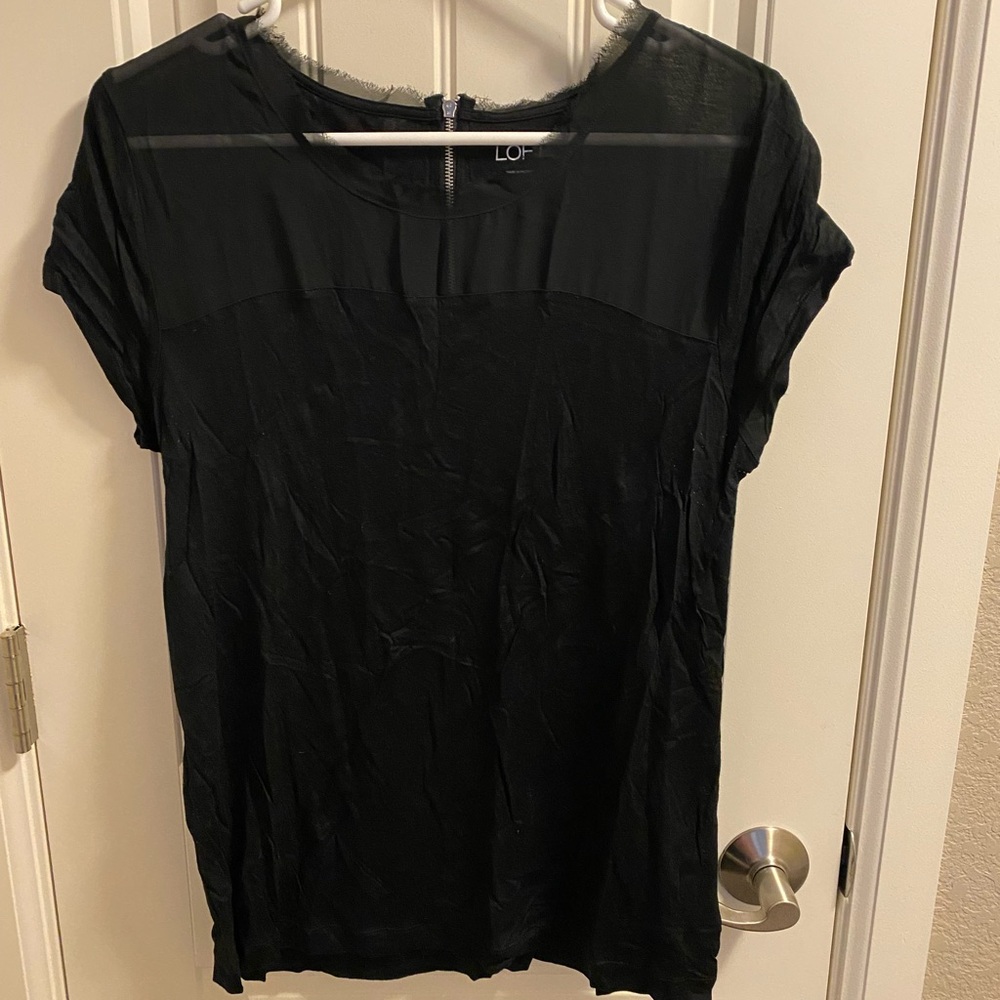 Ann Taylor LOFT L Top Black Stretch Blouse Zip Neck Shirt Feathered Ribbon Trim
